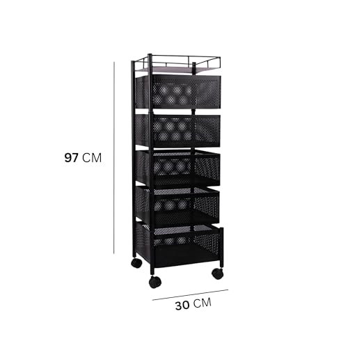 Image of KITCHIVO Kitchen Storage Rack | Revolving Vegetable Rack | Square Multipurpose Storage Trolley with Wheels | Metal Fruit Rack (Black, 5 Layer)
