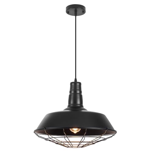 Black Farmhouse Pendant Light, 18.1 Inch Large Pendant Lights Kitchen Island, Industrial Pendant Light with Wire Cage, Barn Light 1 Pack, Island Pendant Lights for Kitchen Barn Dining Room