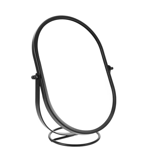 FIXOSHEE Espejo de Tocador de Sobremesa Ovalado Pequeño Negro Rotación 360° Soporte Estable Metálico Espejo Decorativo para Maquillaje y Dormitorio de Pie de Escritorio