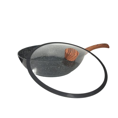 Image of Westinghouse Black Marble Series Wok 30 cm, Non-Stick Coating, Forged Aluminium Pan, Suitable for Induction Cookers, Silicone-Coated Handle in Wooden Look, Dishwasher Safe, Black (WCCW0085030MBB)