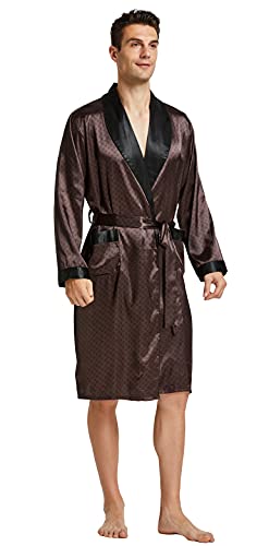 Image of TONY AND CANDICE Men's Satin Robe Lightweight Long Sleeve Silk Kimono Bathrobe with Shorts Set Sleepwear
