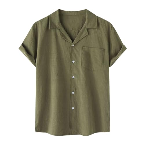 Generic Summer Shirts for Mens 2024, Trendy Short Sleeve Blouse Button Down Cotton Linen Shirt for Men Solid Color Front Pocket Tops Army Green, XX-Large