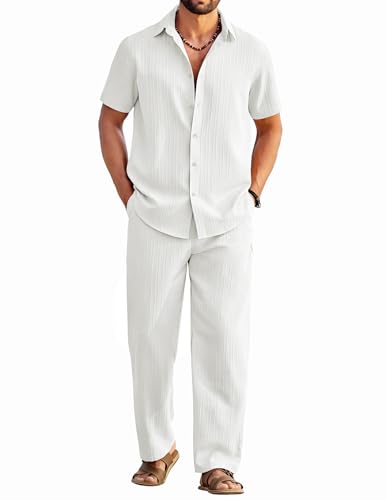COOFANDY Mens 2 Piece Outfits Short Sleeve Button Down Shirt and Pants Set Casual Linen Vacation Outfits