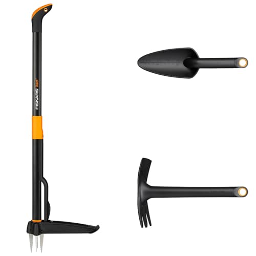 Fiskars Gartenwerkzeuge-Set, 3-teilig, Xact Unkrautstecher, Rostfreier Stahl/Kunststoff, Solid-Kombihacke und -Blumenkelle, Glasfaserverstärkter Kunststoff, Schwarz/Orange, 1077307