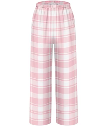 HONGTEYA Girls Christmas Pants with Pockets Soft Long Loose Kids Plaid Bottom Indoor Outdoor Xmas Holiday 8-14 Years Pink