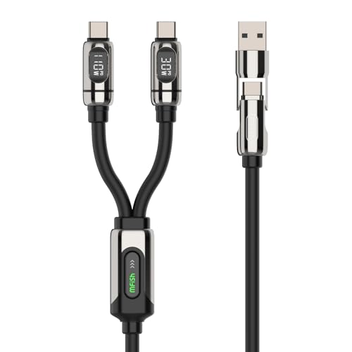 Image of MFish 140W 2-in-1 USB C to USB C Cable, Dual USB-C Fast Charging Cord with LED Power Display, PD 3.1 Smart Power Split for MacBook Pro /Air, iPad Pro, iPhone 17 /16 /15, Galaxy, 5FT Black