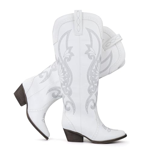 Image of Hawkwell Women's Cowboy Cowgirl Boots Slip On Pointed Toe and Block Heel Shoes with Classic Embroidered Pull On Tall Boot for Ladies Dress Western Knee High Boots