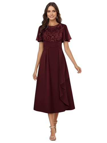 Elegant Lace Applique Tea Length Mother of The Bride Dress Chiffon Ruffle Sleeves with Draped Side Panel Formal Evening Gown