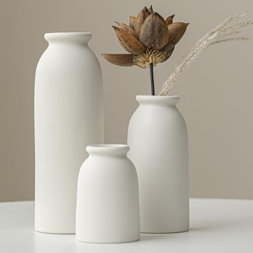 Ceramic Vase Set Set of 3 Home Decorative Flower Vases Modern Decor Pampas Grass Vase Dried Flowers Vases for Living Room Desk Shelf Decor (White L)