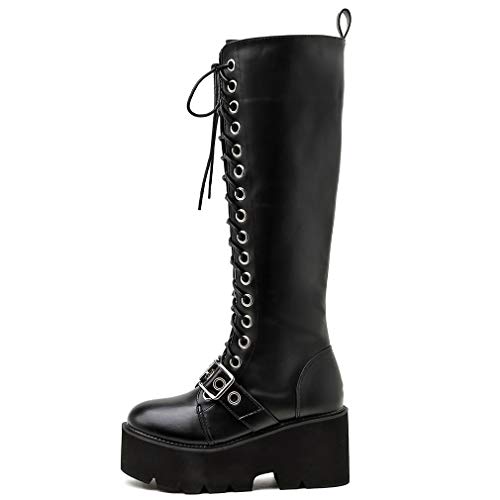 Image of Parisuit Women's Knee High Goth Platform Boots Lace Up Combat Boots | Chunky High Heel, Buckle Boots, Punk Chain Boots