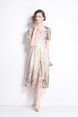 Image of LAI MENG FIVE CATS Women's Lace Floral Short Sleeve Crochet Waist Cocktail Midi Dress