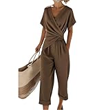 Generisch Sport Set Damen Kurz, Zweiteiler Tops Und Hose Set Sommer V-Ausschnitt 2 Teiler Elegant Einfarbiges Baumwolle Outfit Casual Leicht Freizeitanzug Outfits (XXL, Kaffee)