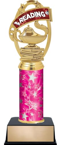 11" Reading Trophies - Custom Engraved Reading Pink and Silver Star Column Trophy Awards