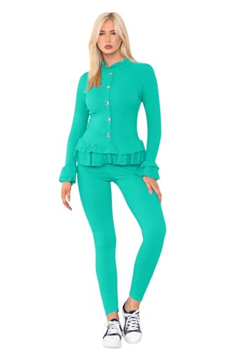 Survêtement péplum femme manches longues vert jade boutons dorés taille 38