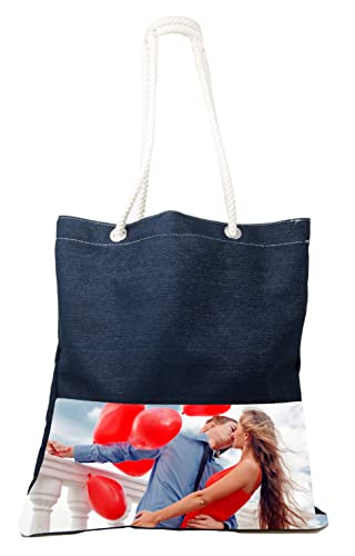 Lombardi Fotografo Bolsa Shopper personalizada con tu foto, texto o logotipo, idea de regalo, tela vaquera y yute, medidas 35 x 40 cm., Jeans