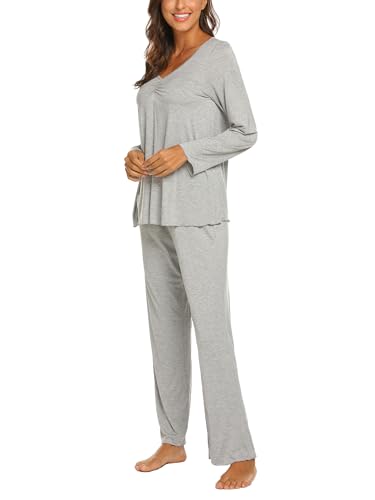 Ekouaer Schlafanzug Damen Lang Pyjama Set Kuschelig Nachtwäsche Zweiteiler Herbst Schlafanzüge Langarm Hausanzug Hellgrau L
