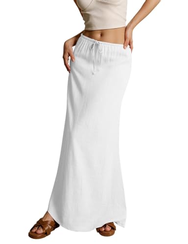 Kinghua Linen Skirts for Women Spring Summer Trendy A Linen Beach Elastic High Waisted Drawstring Casual Flowy Maxi Skirt