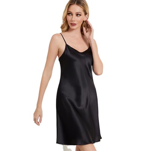 THXSILK Women's Sexy Silk Nightgown, 100% Mulberry Silk Sleepwear Round/V Neck Spaghetti Strap Chemise Short Slip Dress