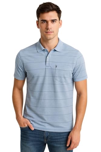 Image of WILD ELEPHANT Men Cotton Striped Polo Neck Half Sleeve T-Shirt with Pocket