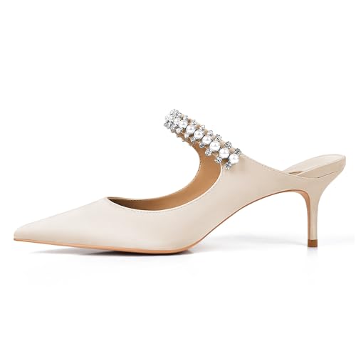Image of XINIUNIU Heeled Mules for Women Rhinestone Heels Pointed Toe Slip On 2.5 Inch Kitten Stiletto Closed Toe Sandals Dress Wedding Pump Shoes