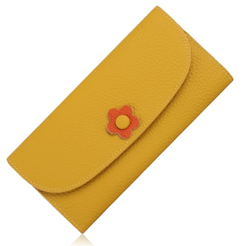 Women's Floral Genuine Leather Long Envelop Wallet Clutch Purse Large Capacity (Yellow)