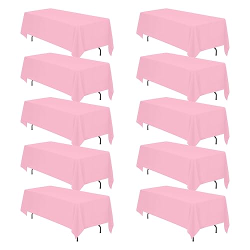 Image of BRILLMAX 10 Pack Pink Tablecloths 70 x 120 Inch for 6ft & 8ft Rectangle Tables - 150 GSM Polyester Fabric, Universal Fit, Water, Stain & Wrinkle Resistant Cloth Cover for Wedding Reception Banquet