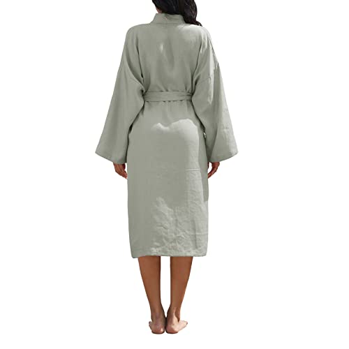 Image of Amazhiyu Womens Pure Linen Mid Length Kimono Robes Lightweight Long Sleeve Bathrobe