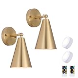 MWZ Gold Battery Operated Wall Sconces Set of Two,Wireless Indoor Lighting with Remote Control, Modern Dimmable 2 Color Temperatures Adjustable Angle Wall Mount Lamp with Brass Metal Shade