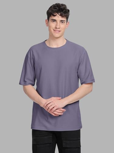 Image of BULLMER Trendy Textured Half Sleeve Oversized Hexagon Waffle Crew Neck Tshirt for Men-Pack of 2