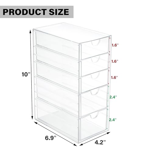 Image of Prsildan Hair Accessories Organizer Acrylic Drawer with 5 Small Drawers | Clear, For Bathroom Vanity Office Desk, Jewelry Makeup Storage