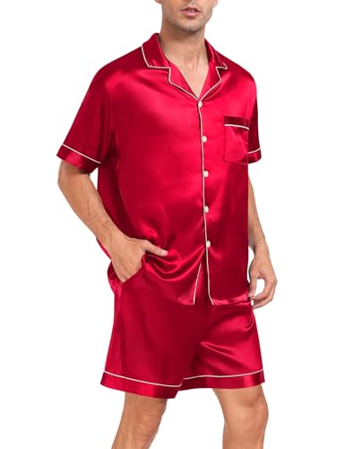 Image of SWOMOG Men Silk Pajama Set Short Sleeve Satin PJs Sets 2 Piece Button Down Sleepwear Soft Summer Loungewear with Pockets