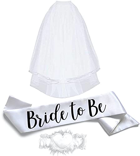 Bride to Be 3pc Sash Set - Sophisticated & Fun Party Favor for Bachelorette Party, Bridal Shower & Wedding Party (3pc Set, White & Black (Font #2))