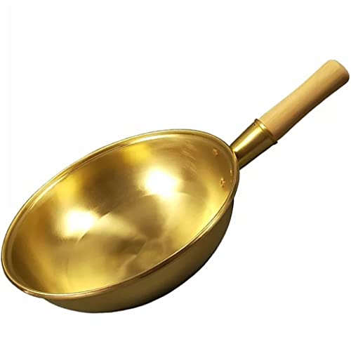 Sartén de cobre puro Wok olla de cobre gruesa mango de madera sartén de latón sartén utensilios de cocina cocina Wok cocina cobre (A, 32 cm)