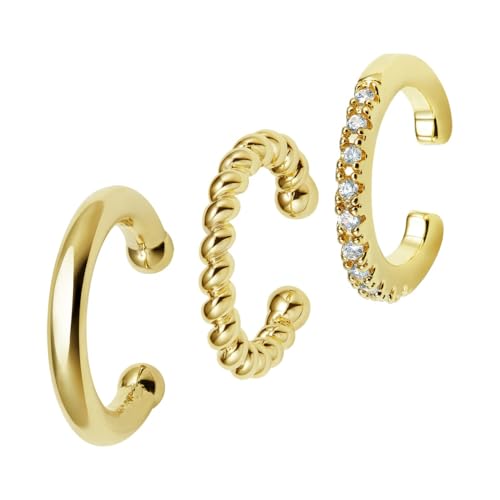 POMODA 3PCS 14K Gold Plated Ear Cuff Earrings for Women Small CZ Ear Cuffs Non Piercing Cartilage Earrings Lightweight | Clip On Huggie Hoop for Her