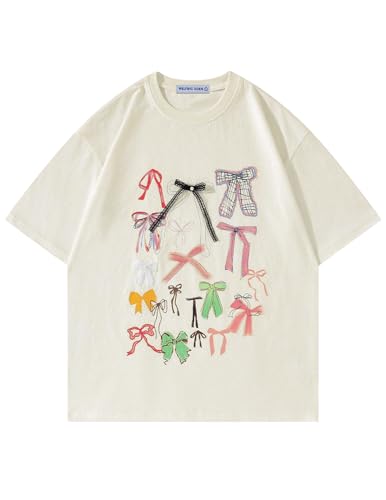 Aelfric Eden Bow Shirt for Women Oversized Graphic Tees Y2K Cute Print Short Sleeve T-Shirt Casual Summer Cotton Top