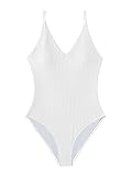 SweatyRocks Women's V Neck One Piece Bathing Suit Strappy Ribbed Monokini Swimsuit White L
