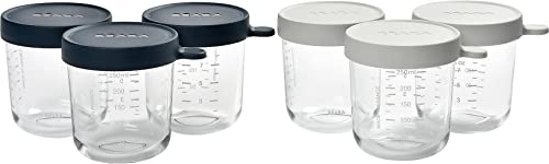 BÉABA - Set of Baby Food Storage Containers - Glass Conservation Jar - Graduation Measuring Scale - Heat and Thermal Shock Resistant - 6 x 250 ml - Made in France - Grey/Blue