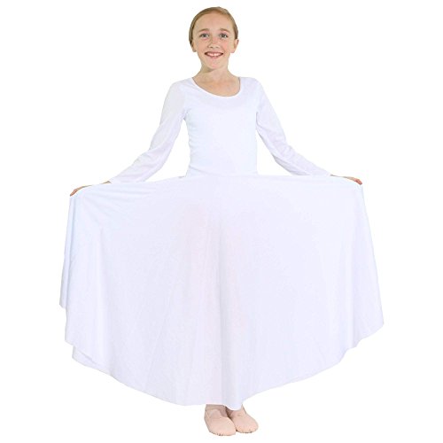 Danzcue Girls Praise Loose Fit Full Length Long Sleeve Dance Dress, White, 6X-7