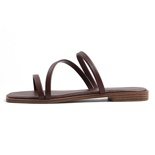 Image of LACUONE Strappy Flat Sandals For Women Slip On Square Open Toe Slides Sandals