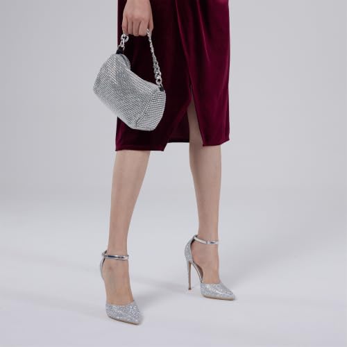 Image of Elisabet Tang 4 Inch Stiletto with Ankle Strap D'Orsay Pumps | Features sparkly rhinestone, pointed toe,secure ankle strap design, perfect for prom, wedding, party