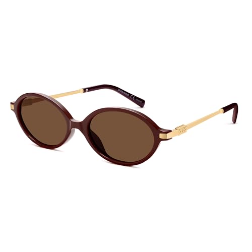 VANLINKER Trendy Oval Retro Vintage Round Sunglasses for Women Men Cute Shades VL9903 Burgundy Frame Brown Lens