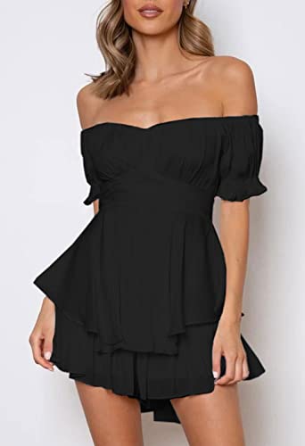 Image of AOHITE Womens Summer Tube Top Dress Off-Shoulder Ruffled Flowy Mini Short Dresses