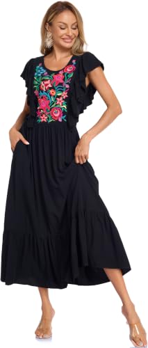 Image of Women's Summer Maxi Dress Casual Floral Embroidered Round Neck Short Sleeve Ruffle Tiered Dress Flowy Boho Beach Sundress
