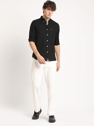 Image of The Bear House Men Black Solid Slim Fit Cotton Casual Shirt
