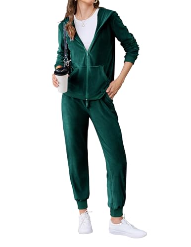 HOTOUCH Velour Tracksuit Womens y2k Warm Up Suits Outfit Velvet Lounge Sets Zip Up Hoodie Green XXL