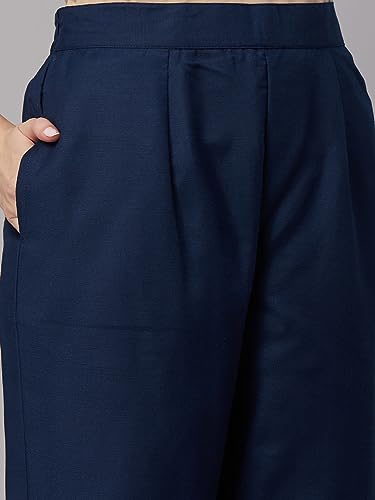 Image of GoSriKi Women's Cotton Blend Straight Embroidered Kurta with Pant & Dupatta