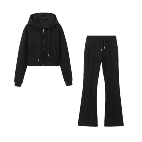 Survêtement femme 2 pièces pantalon évasé taille haute veste ajustée à capuche zippée