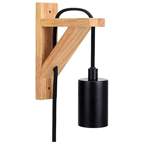 Nature Wood Wall Light Fixture, Plug-in Wooden Wall Light Sconce Indoor Light with 4500mm Black Braided Cable Wall Light Fixtures Black Painted E27 Lamp Holder, Wall Light. CMF07BLK Cover