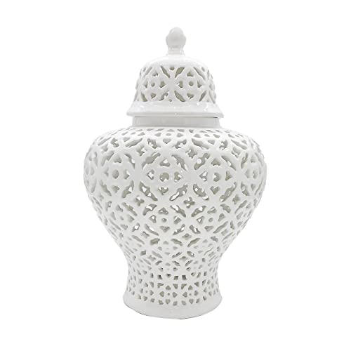 Galt International 19.5” Lattice Ginger Jar with Lid - Home Decor with Intricate Mediterranean Inspired Lattice Work - Living Room and Kitchen Decoration - 19.5” (White)