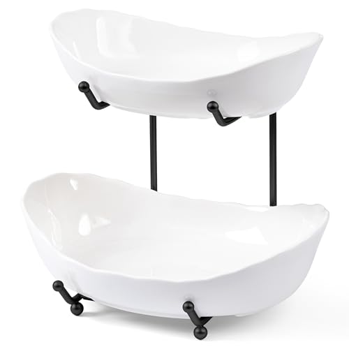 HBlife Fruit Bowl for Kitchen Counter - 2 Tier Ceramic Fruit Rack, Fruit Basket for Fresh Fruit&Veggies, Tiered Fruit Platter Serving Trays for Party